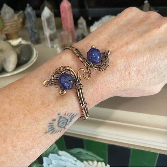 Lapis Lazuli Copper Wire Wrapped Ajustable Cuff Bracelet - Picture 6 of 6